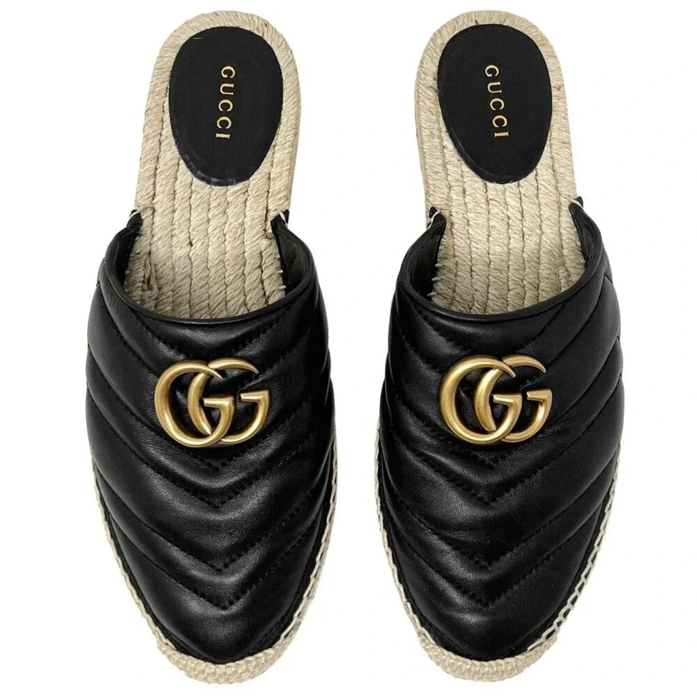 Gucci‎ Marmont Black Espadrille Mules GG Slides Flats Size 37
